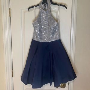Dillard’s blue and silver haltered mini dress